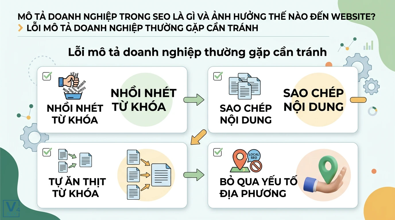 Mô tả doanh nghiệp là gì? Theo Luật 2020 và cách chọn loại hình 3 Lỗi mô tả doanh nghiệp cần tránh gồm nhồi nhét từ khóa, sao chép nội dung, tự ăn thịt từ khóa và bỏ qua yếu tố địa phương khi làm SEO