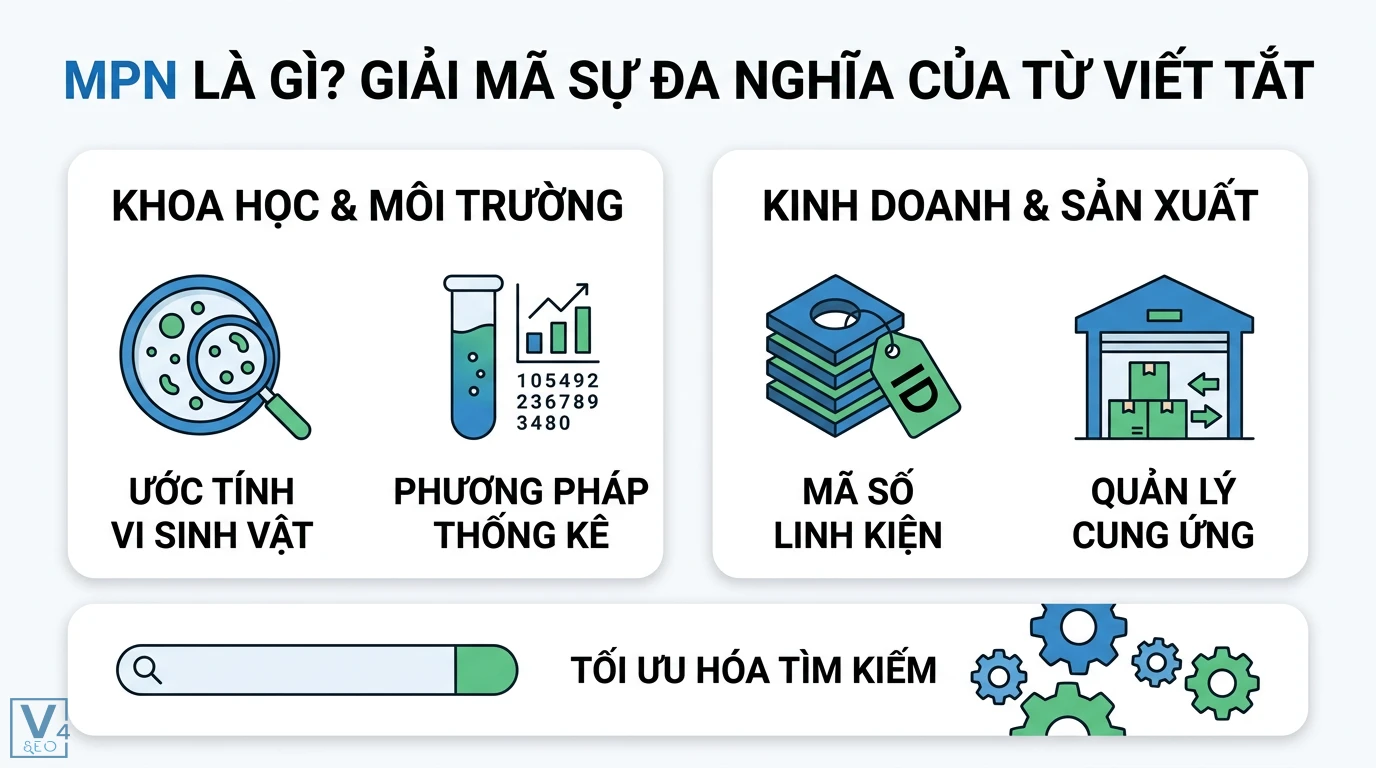 MPN là gì? Giải mã ý nghĩa trong vi sinh và chuỗi cung ứng 1 Giải mã MPN gồm Most Probable Number trong ước tính vi sinh vật và Manufacturer Part Number giúp quản lý linh kiện, tối ưu hóa tìm kiếm