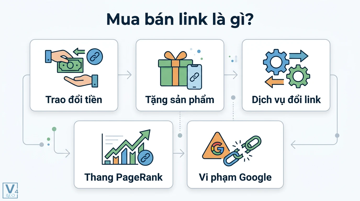 Mua bán link là gì? Rủi ro án phạt và cách xây dựng backlink sạch 1 Mua bán link qua trao đổi tiền, tặng sản phẩm và dịch vụ nhằm thao túng PageRank dẫn đến vi phạm Google Webmaster Guidelines