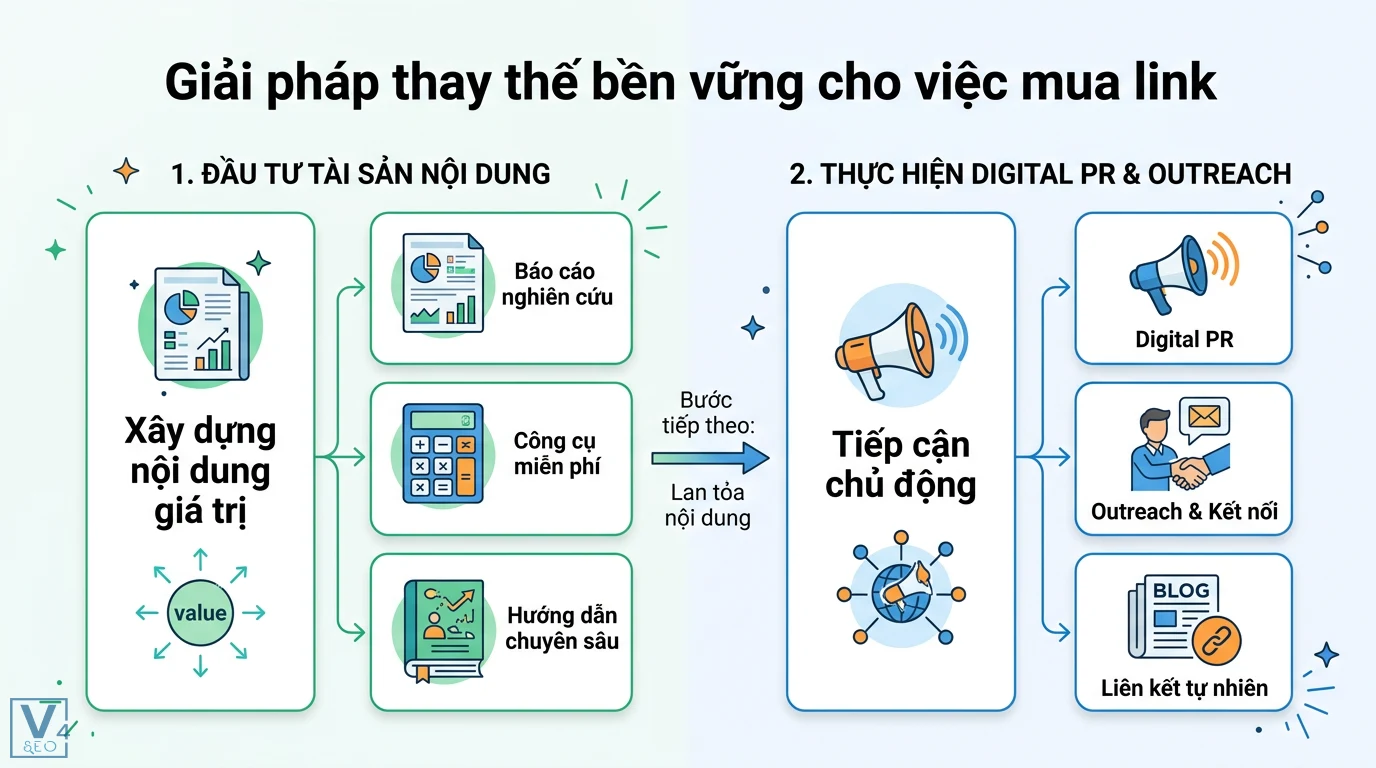 Mua bán link là gì? Rủi ro án phạt và cách xây dựng backlink sạch 3 Giải pháp xây dựng tài sản nội dung giá trị và thực hiện Digital PR Outreach để thu hút liên kết tự nhiên bền vững thay cho việc mua bán link