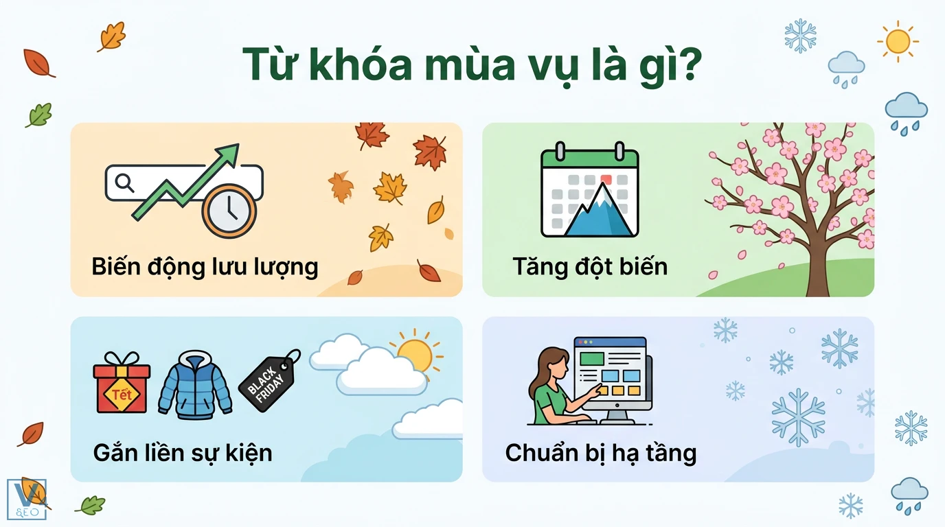 Mùa vụ từ khóa là gì? Cách lập kế hoạch SEO theo xu hướng tìm kiếm 1 Từ khóa mùa vụ có biến động lưu lượng, tăng đột biến theo các sự kiện như Tết, Black Friday và đòi hỏi chuẩn bị hạ tầng nội dung sớm