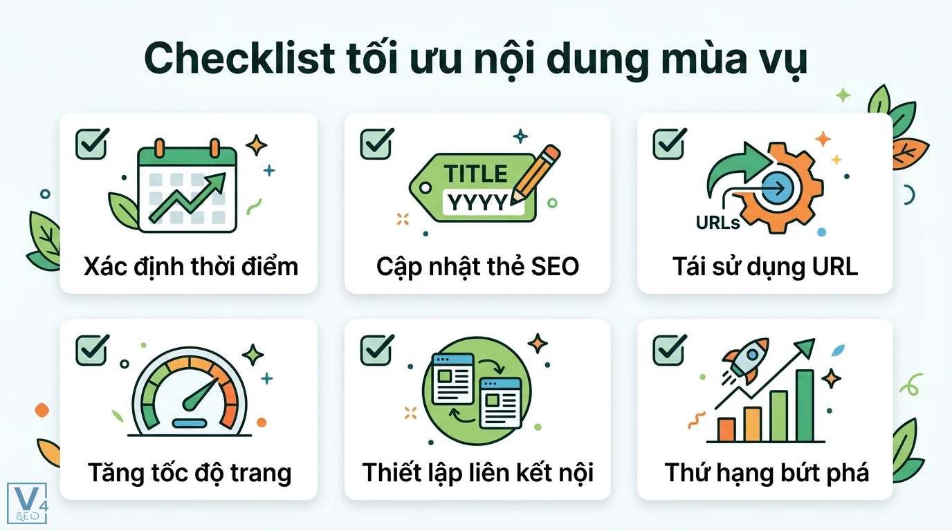 Mùa vụ từ khóa là gì? Cách lập kế hoạch SEO theo xu hướng tìm kiếm 3 Checklist tối ưu nội dung mùa vụ: xác định thời điểm, cập nhật thẻ SEO, tái sử dụng URL, tăng tốc độ trang, liên kết nội và bứt phá thứ hạng