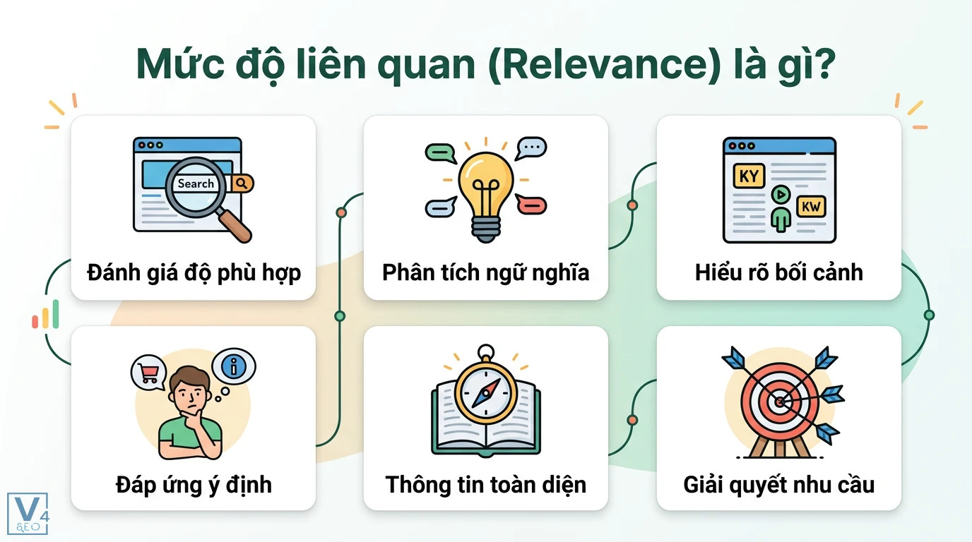 Mức độ liên quan (relevance) là gì? Cách tối ưu Search Intent 1 Mức độ liên quan Relevance gồm phân tích ngữ nghĩa bối cảnh đáp ứng ý định người dùng và thông tin toàn diện giải quyết nhu cầu tìm kiếm