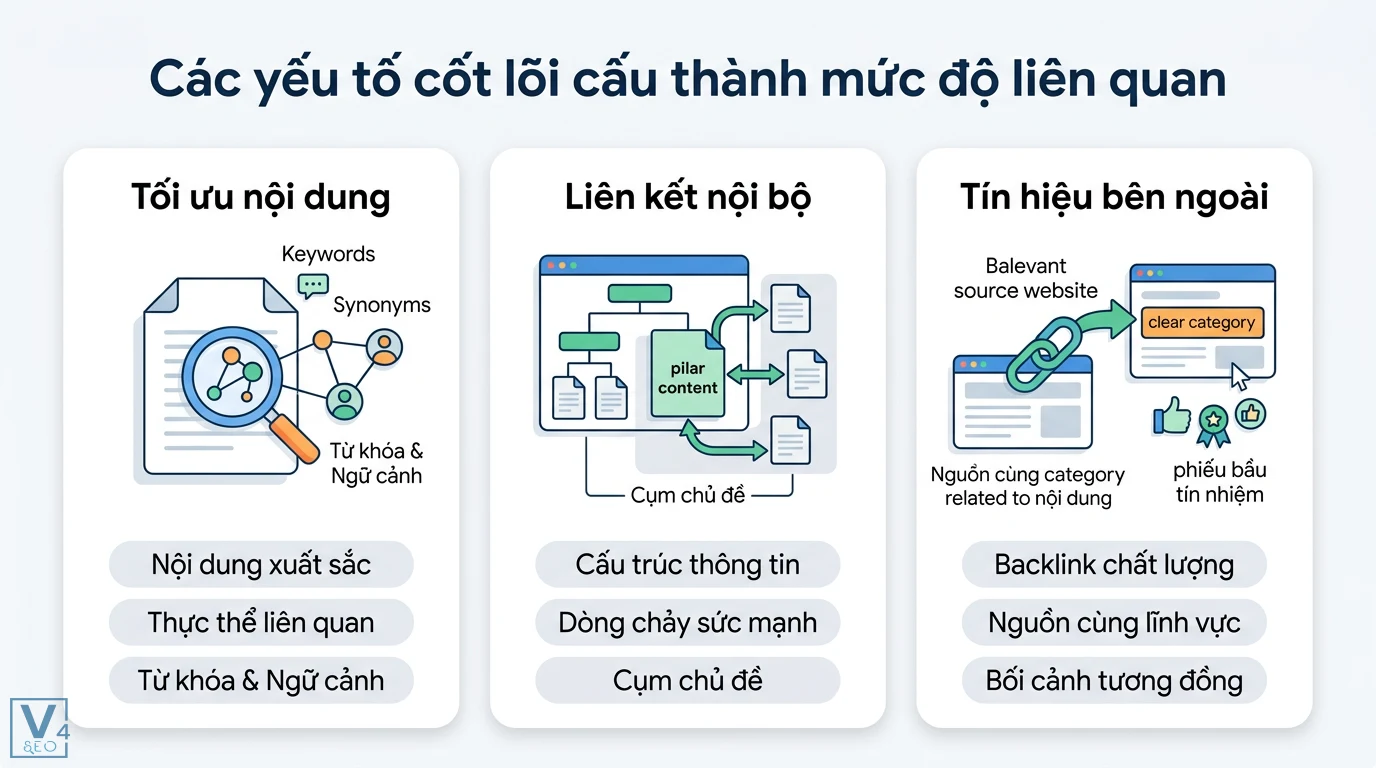 Mức độ liên quan (relevance) là gì? Cách tối ưu Search Intent 2 Các yếu tố mức độ liên quan SEO gồm tối ưu nội dung thực thể, liên kết nội bộ theo cụm chủ đề và backlink chất lượng từ nguồn cùng lĩnh vực