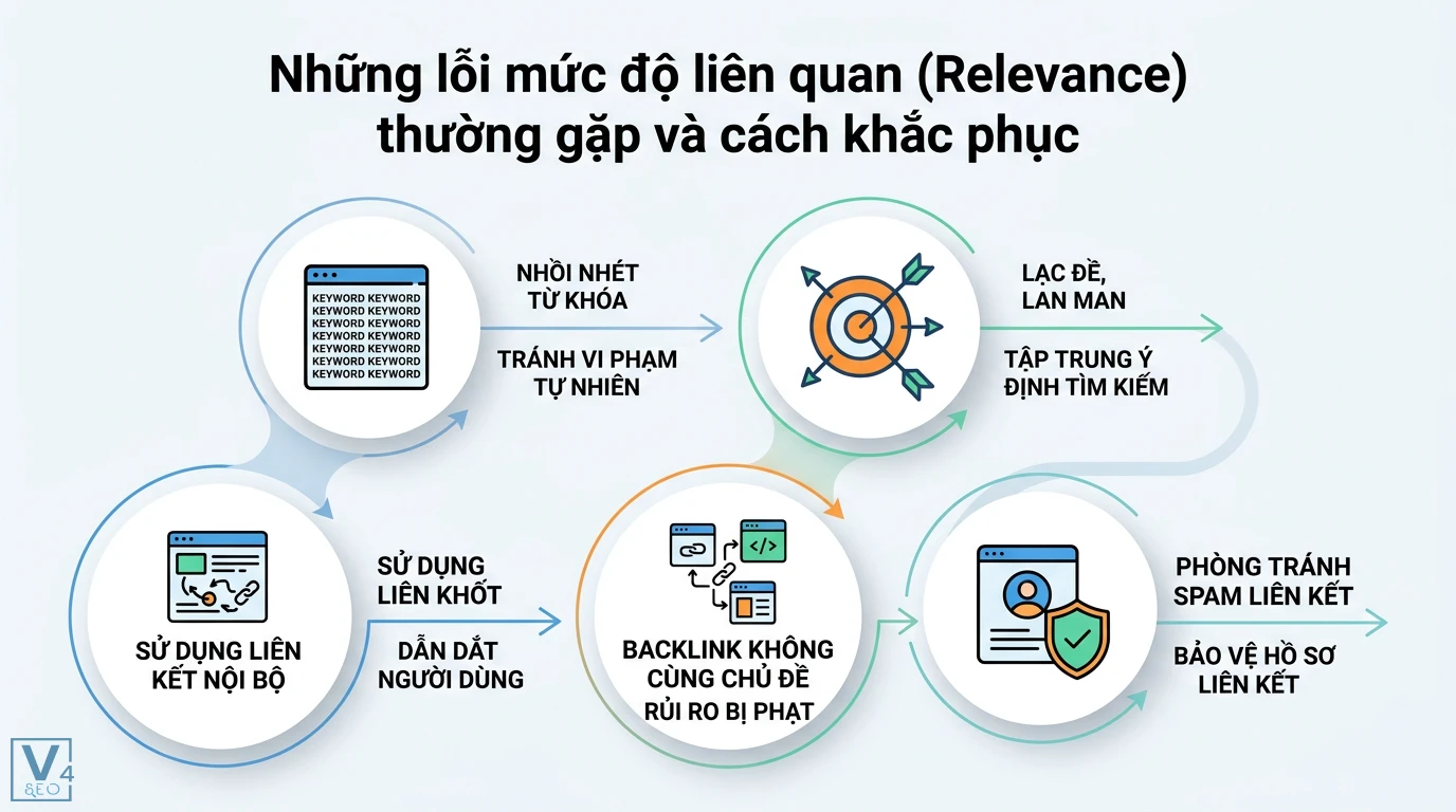 Mức độ liên quan (relevance) là gì? Cách tối ưu Search Intent 3 Khắc phục lỗi mức độ liên quan SEO bằng cách tránh nhồi nhét từ khóa, tối ưu ý định tìm kiếm, sử dụng liên kết nội bộ và phòng tránh link spam