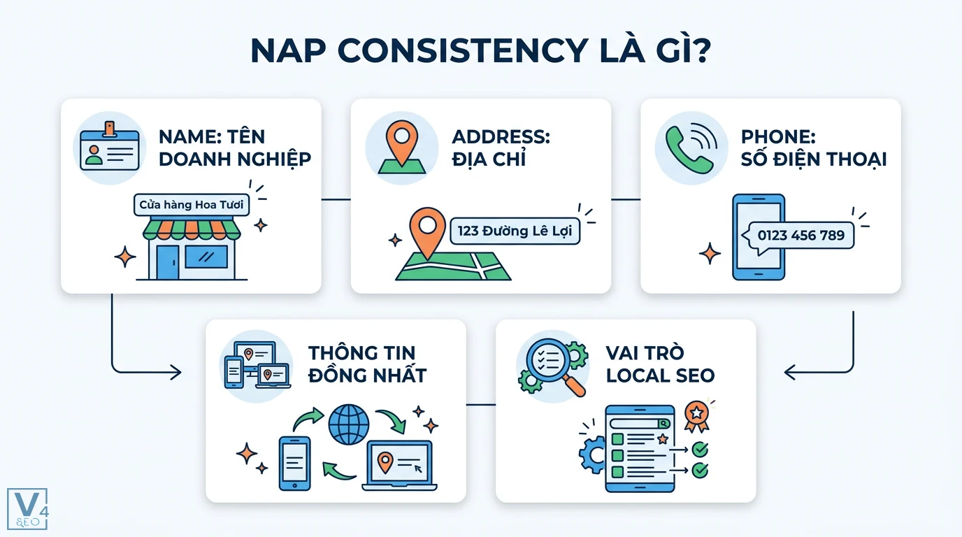 NAP consistency là gì? Tầm quan trọng và Checklist tối ưu Local SEO 1 NAP consistency đồng nhất Tên doanh nghiệp Địa chỉ và Số điện thoại trên internet nhằm thể hiện thông tin đồng nhất và vai trò Local SEO