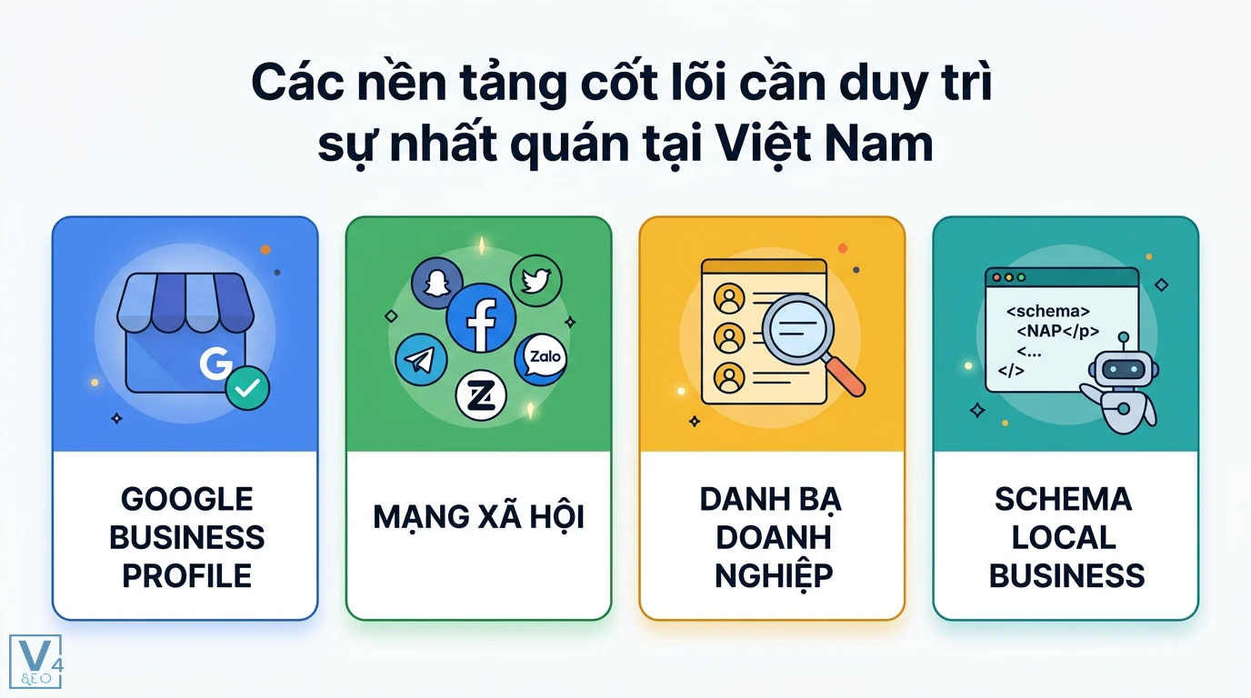 NAP consistency là gì? Tầm quan trọng và Checklist tối ưu Local SEO 2 Google Business Profile, mạng xã hội, danh bạ và Schema Local Business cần duy trì sự nhất quán để tối ưu Local SEO tại Việt Nam