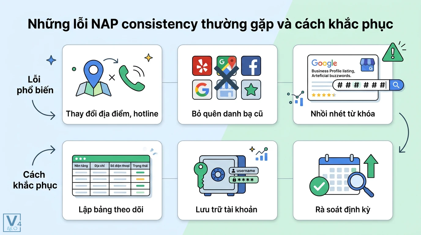 NAP consistency là gì? Tầm quan trọng và Checklist tối ưu Local SEO 3 Lỗi NAP consistency do thay đổi địa điểm, hotline, bỏ quên danh bạ, nhồi nhét từ khóa và cách khắc phục bằng bảng theo dõi, rà soát định kỳ