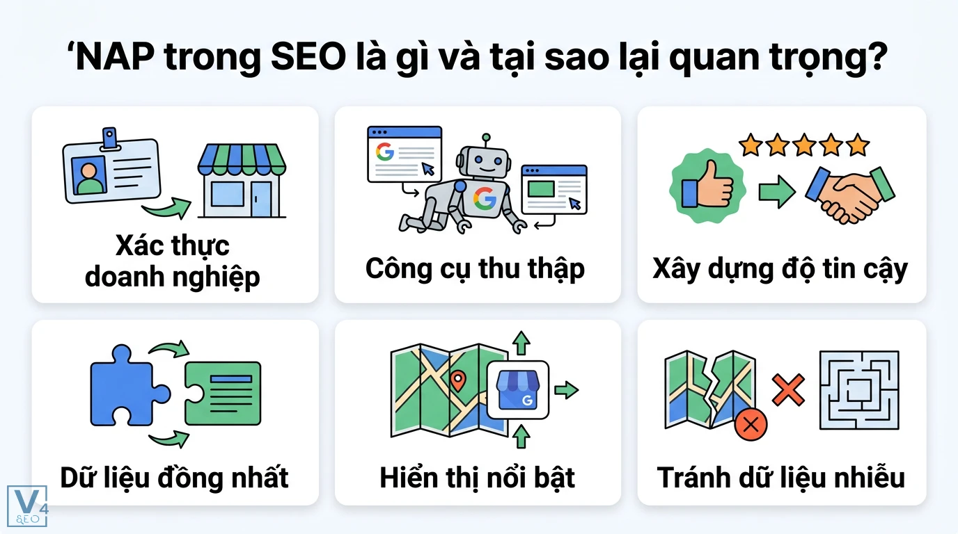 NAP là gì? Phân biệt nghĩa từ điển và vai trò trong Local SEO 1 NAP trong SEO giúp xác thực doanh nghiệp, xây dựng độ tin cậy qua dữ liệu đồng nhất để hiển thị nổi bật trên bản đồ và tránh dữ liệu nhiễu