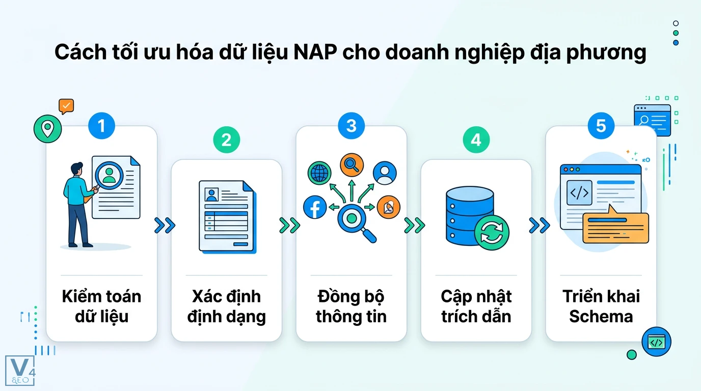 NAP là gì? Phân biệt nghĩa từ điển và vai trò trong Local SEO 2 Kiểm toán, xác định định dạng, đồng bộ thông tin, cập nhật trích dẫn và triển khai Schema Local SEO cho doanh nghiệp địa phương