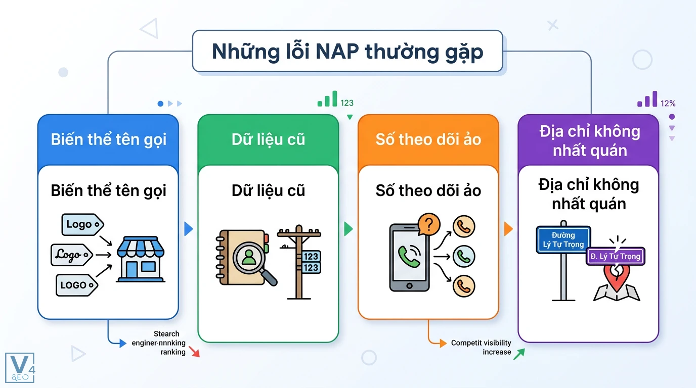 NAP là gì? Phân biệt nghĩa từ điển và vai trò trong Local SEO 3 Lỗi NAP thường gặp như biến thể tên gọi, dữ liệu cũ, số điện thoại ảo và địa chỉ không nhất quán khiến doanh nghiệp tụt hạng Google Maps