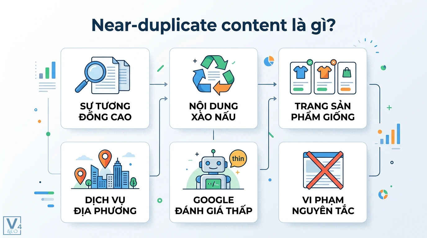 Near-duplicate content là gì? Cách phân biệt và xử lý chuẩn SEO 1 Near-duplicate content gồm nội dung xào nấu, trang sản phẩm tương đồng và dịch vụ địa phương bị Google đánh giá thấp do vi phạm nguyên tắc