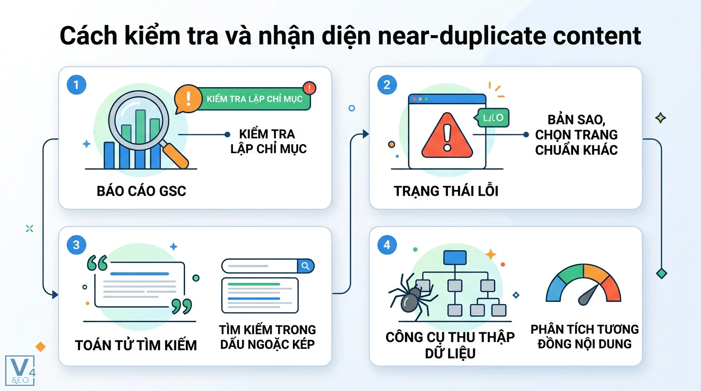 Near-duplicate content là gì? Cách phân biệt và xử lý chuẩn SEO 2 Cách kiểm tra và nhận diện near-duplicate content qua báo cáo GSC, lỗi lập chỉ mục, toán tử dấu ngoặc kép và phân tích tương đồng nội dung