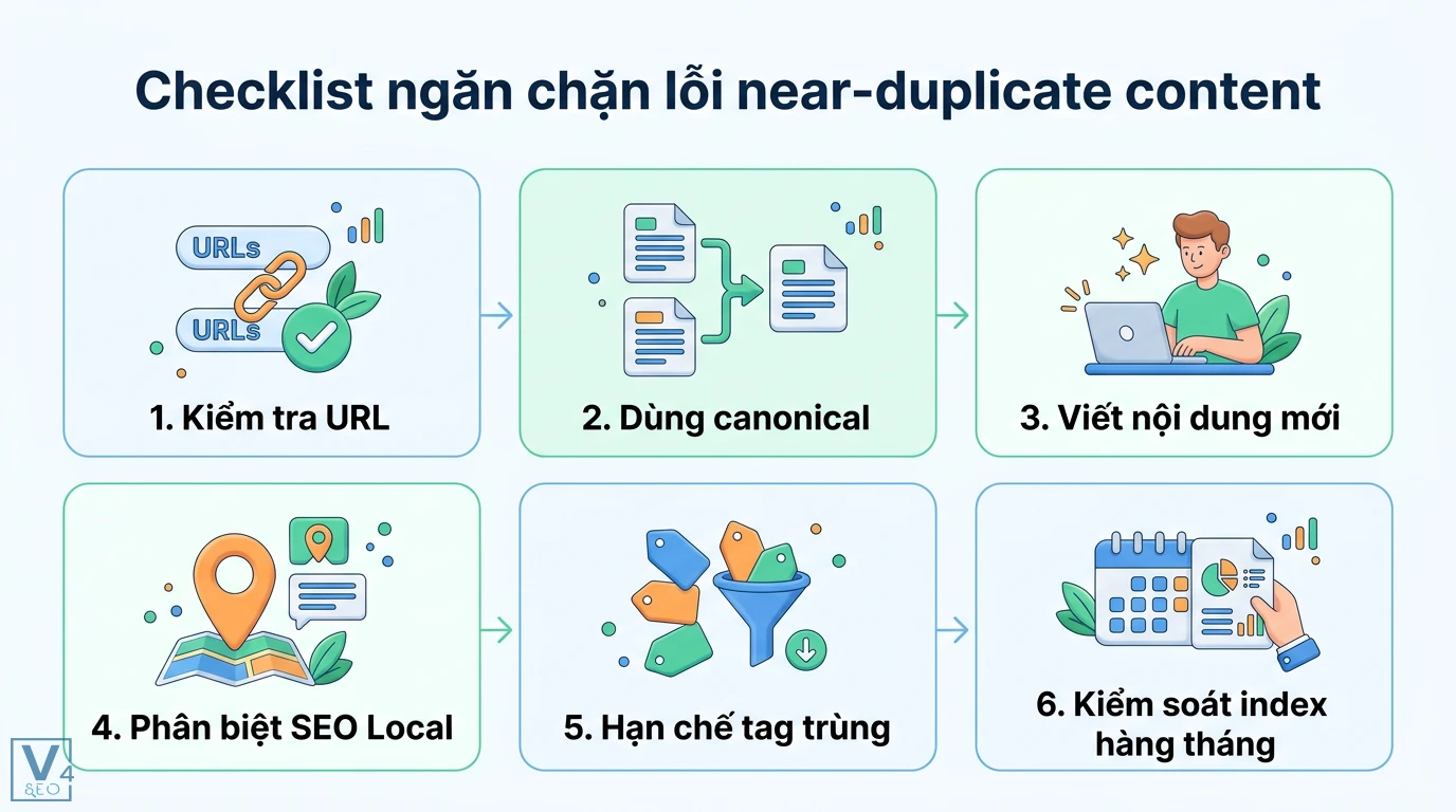 Near-duplicate content là gì? Cách phân biệt và xử lý chuẩn SEO 3 Checklist ngăn chặn lỗi near-duplicate content gồm kiểm tra URL, dùng canonical, viết nội dung mới, SEO Local và kiểm soát index hàng tháng