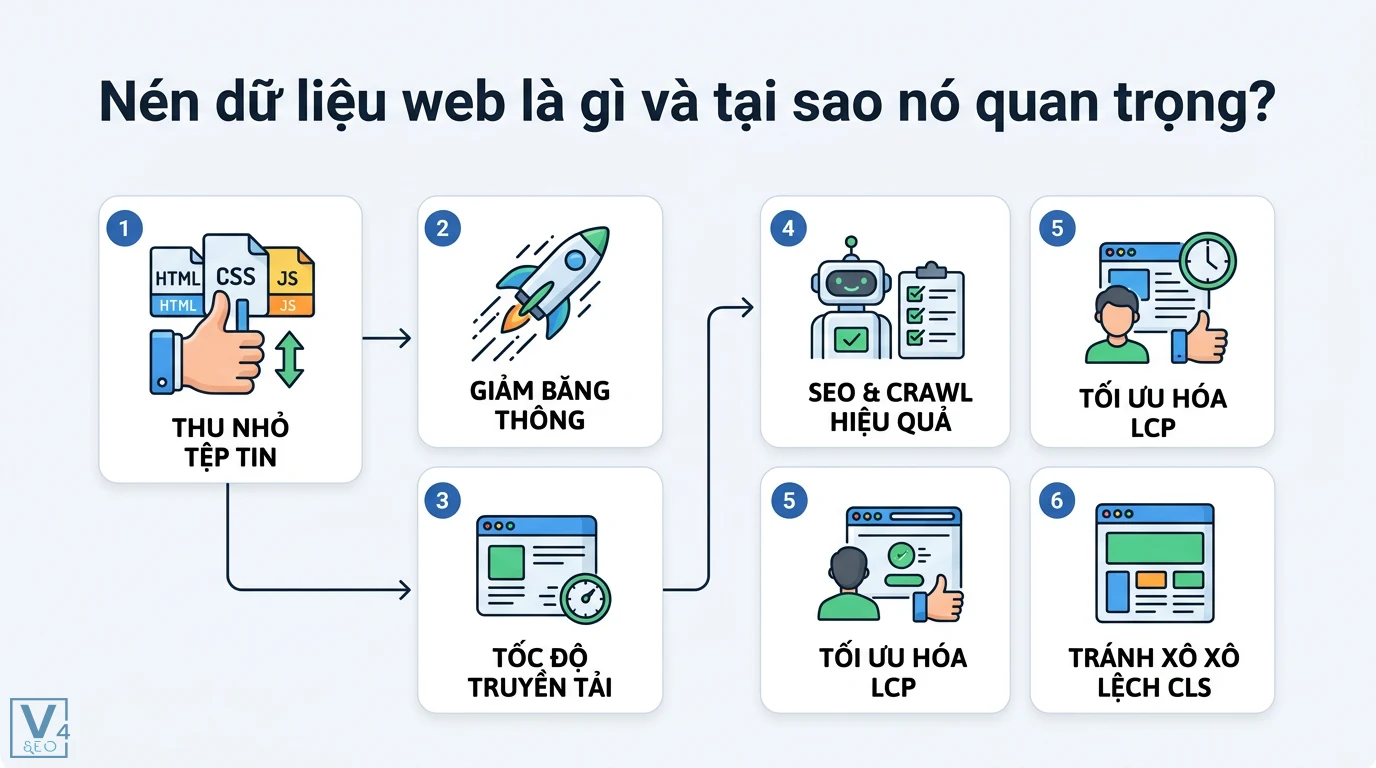 Nén Gzip Brotli là gì? So sánh và cách tối ưu LCP cho website 1 Quy trình nén dữ liệu web giúp thu nhỏ tệp tin, giảm băng thông, tăng tốc độ truyền tải, tối ưu SEO crawl, chỉ số LCP và tránh xô lệch CLS