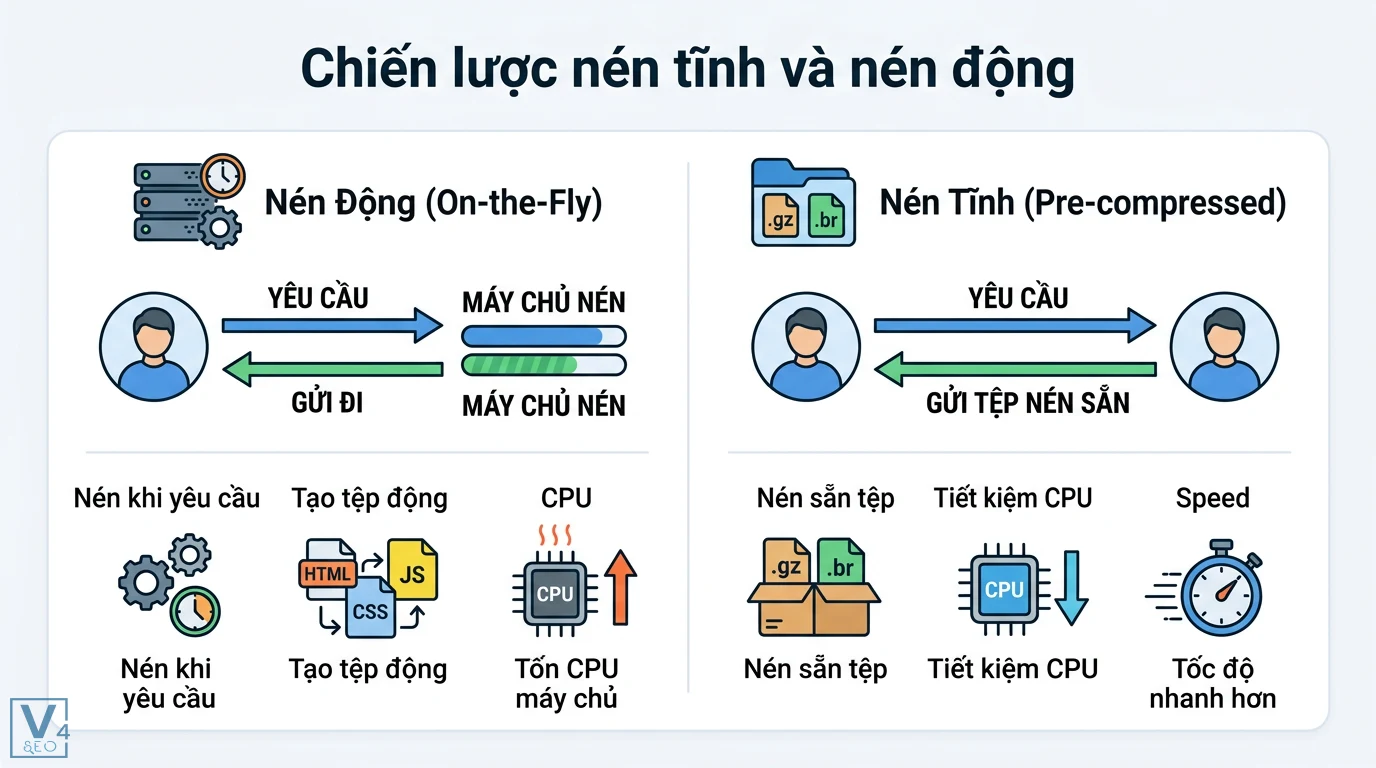 Nén Gzip Brotli là gì? So sánh và cách tối ưu LCP cho website 2 So sánh nén động On-the-fly và nén tĩnh Pre-compressed giúp tối ưu tài nguyên CPU máy chủ và tăng tốc độ phản hồi cho tệp Gzip và Brotli