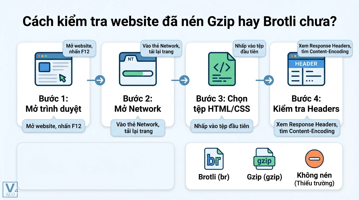 Nén Gzip Brotli là gì? So sánh và cách tối ưu LCP cho website 3 Kiểm tra nén Gzip hoặc Brotli cho website qua 4 bước trong Developer Tools để xác định giá trị br hoặc gzip tại trường Content-Encoding