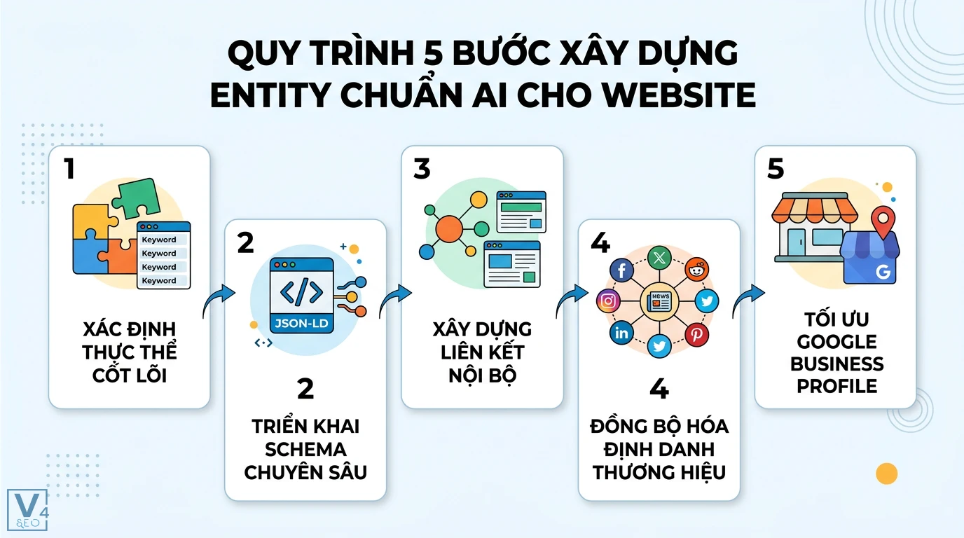 Nhận diện entity là gì? Cách xây dựng thực thể chuẩn AI 2026 2 Quy trình xây dựng entity gồm xác định thực thể, Schema chuyên sâu, liên kết nội bộ, đồng bộ định danh và tối ưu Google Business Profile
