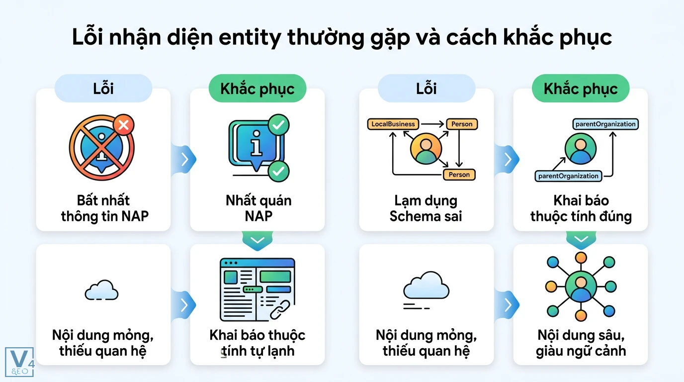 Nhận diện entity là gì? Cách xây dựng thực thể chuẩn AI 2026 3 Khắc phục lỗi nhận diện entity qua việc nhất quán NAP, khai báo Schema parentOrganization và phát triển nội dung chuyên sâu giàu ngữ cảnh
