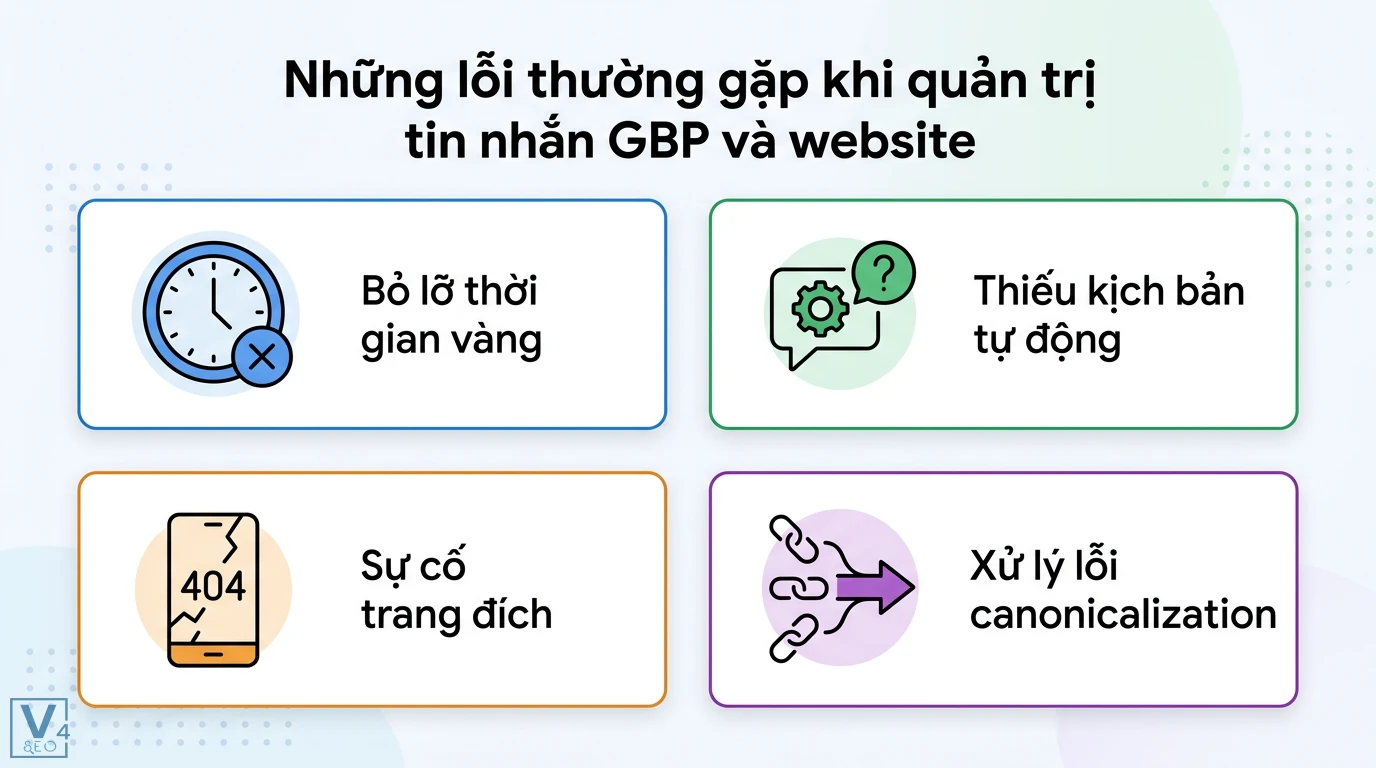 Nhắn tin GBP là gì? Giải mã đồng bảng Anh và lưu ý giao dịch 3 Các lỗi quản trị tin nhắn GBP và website gồm bỏ lỡ thời gian vàng, thiếu kịch bản tự động, sự cố trang đích 404 và xử lý lỗi canonicalization