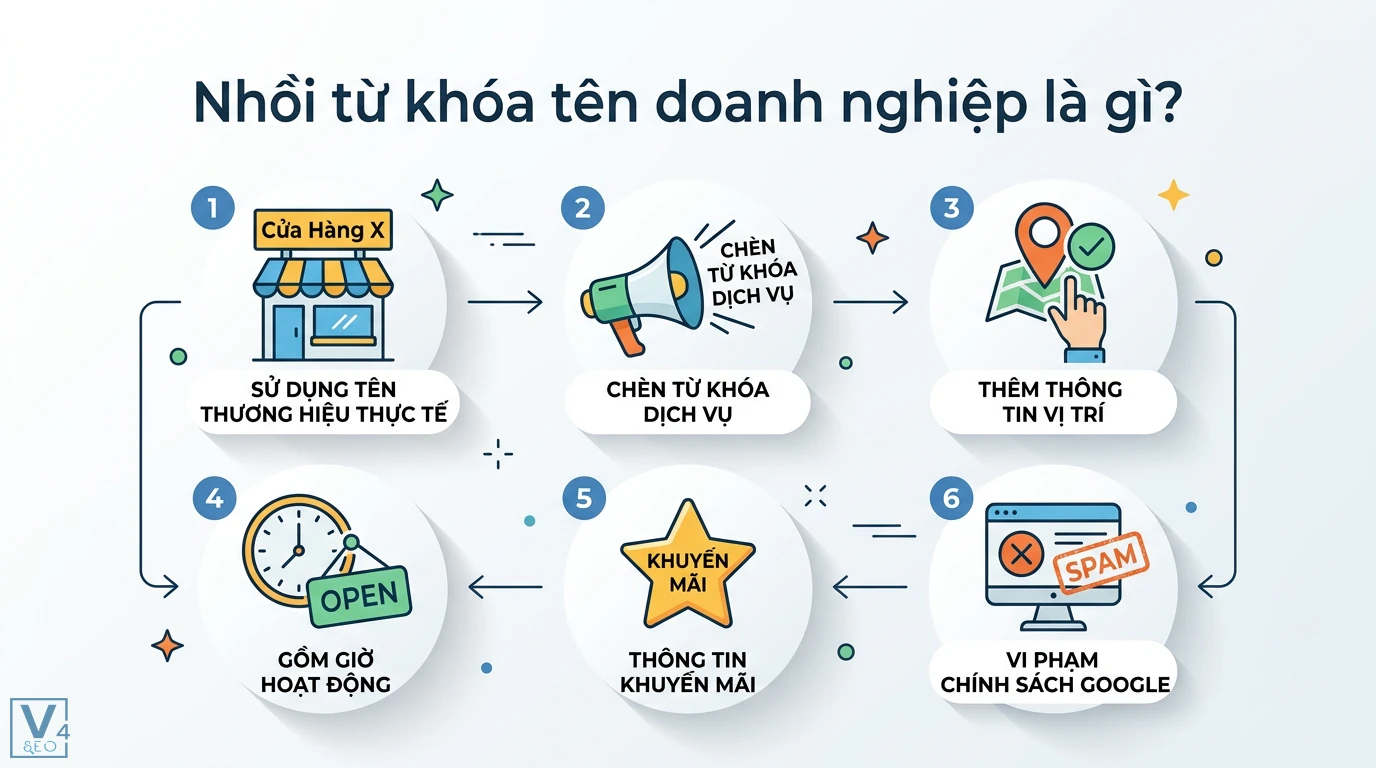 Nhồi từ khóa tên doanh nghiệp là gì? Cách đặt tên đúng luật Google 1 Nhồi từ khóa tên doanh nghiệp bằng cách thêm dịch vụ, vị trí, giờ hoạt động và khuyến mãi gây vi phạm chính sách spam của Google Business