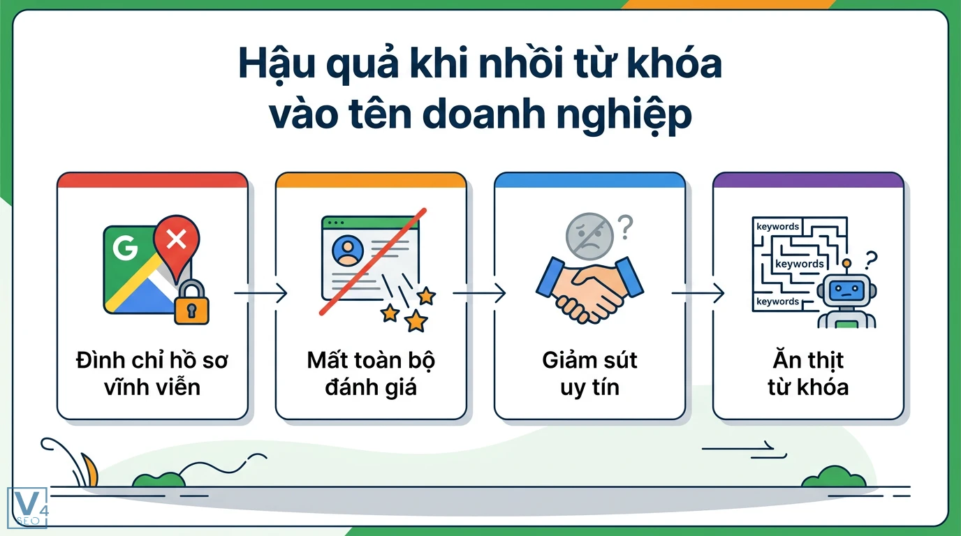 Nhồi từ khóa tên doanh nghiệp là gì? Cách đặt tên đúng luật Google 2 Hậu quả nhồi từ khóa vào tên doanh nghiệp gồm đình chỉ hồ sơ vĩnh viễn, mất toàn bộ đánh giá, giảm uy tín và hiện tượng ăn thịt từ khóa