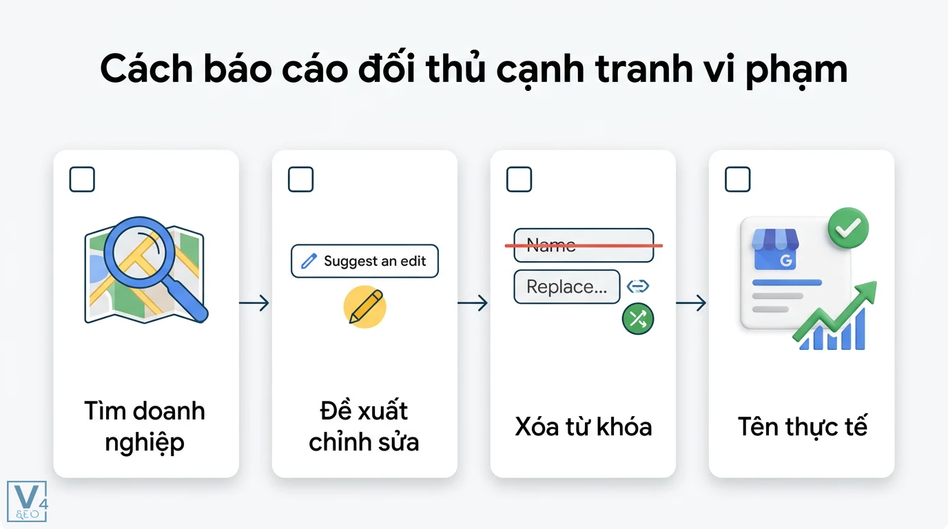 Nhồi từ khóa tên doanh nghiệp là gì? Cách đặt tên đúng luật Google 3 Cách báo cáo đối thủ vi phạm trên Google Maps qua các bước tìm doanh nghiệp, đề xuất chỉnh sửa, xóa từ khóa nhồi nhét và cập nhật tên thực tế