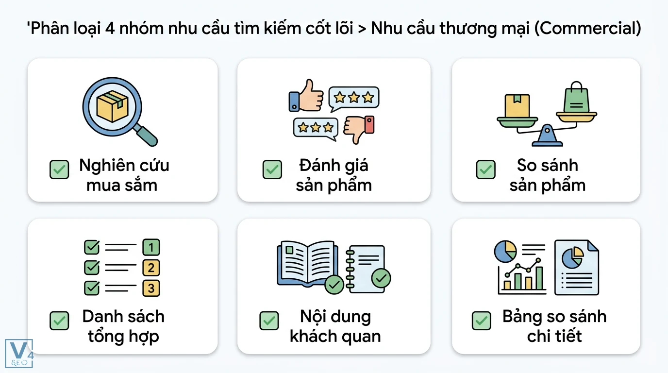 Nhu cầu tìm kiếm là gì? Hiểu rõ Search Intent để SEO hiệu quả 2 Nhu cầu thương mại gồm nghiên cứu mua sắm, đánh giá, so sánh sản phẩm, danh sách tổng hợp và bảng so sánh chi tiết giúp ra quyết định