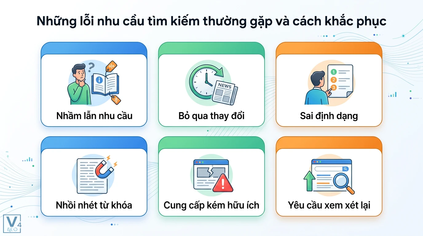 Nhu cầu tìm kiếm là gì? Hiểu rõ Search Intent để SEO hiệu quả 3 Các lỗi nhu cầu tìm kiếm thường gặp gồm nhầm lẫn ý định, sai định dạng, nhồi nhét từ khóa và quy trình gửi yêu cầu xem xét lại website