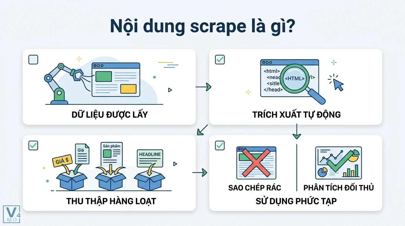 Nội dung scrape là gì? Cách hoạt động và ứng dụng Web Scraping 2026 1 Cơ chế trích xuất nội dung scrape tự động từ HTML để thu thập dữ liệu hàng loạt phục vụ mục đích phân tích đối thủ hoặc tạo nội dung rác