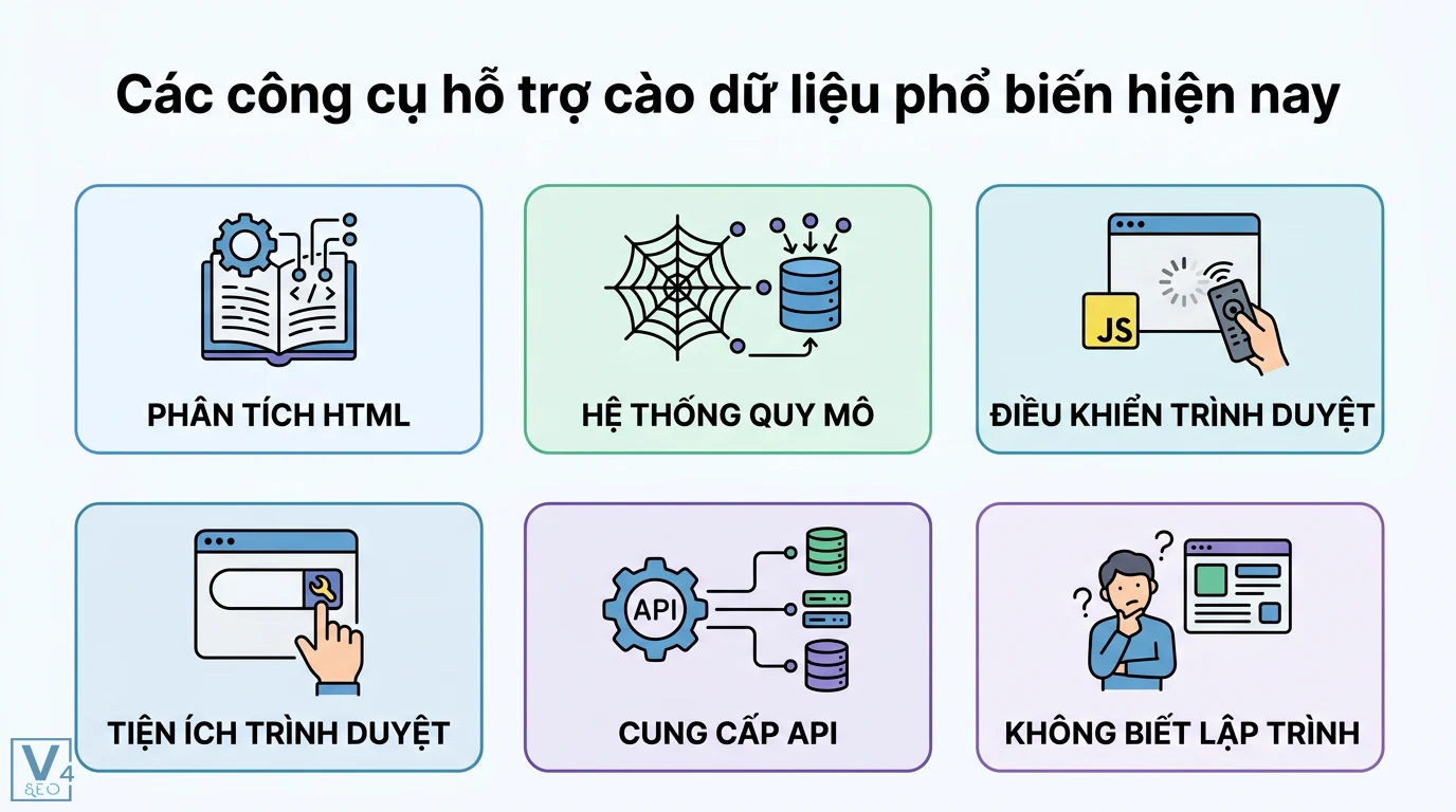 Nội dung scrape là gì? Cách hoạt động và ứng dụng Web Scraping 2026 2 Công cụ cào dữ liệu hỗ trợ phân tích HTML, hệ thống quy mô, điều khiển trình duyệt, tiện ích và cung cấp API cho người không biết lập trình