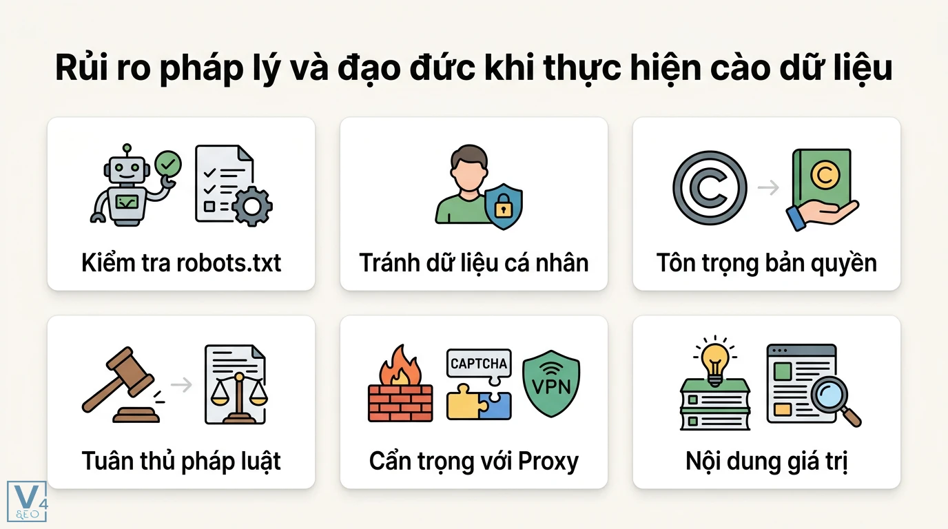 Nội dung scrape là gì? Cách hoạt động và ứng dụng Web Scraping 2026 3 Rủi ro pháp lý và đạo đức khi cào dữ liệu gồm kiểm tra robots.txt, tôn trọng bản quyền, tuân thủ pháp luật, dùng Proxy và nội dung giá trị