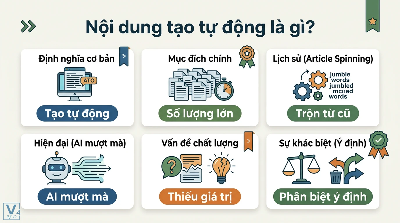 Nội dung tạo tự động là gì? Cách dùng AI an toàn theo Google 1 Nội dung tạo tự động từ kỹ thuật trộn từ cũ đến AI mượt mà nhằm sản xuất số lượng lớn bài viết và cách phân biệt ý định để tạo giá trị SEO