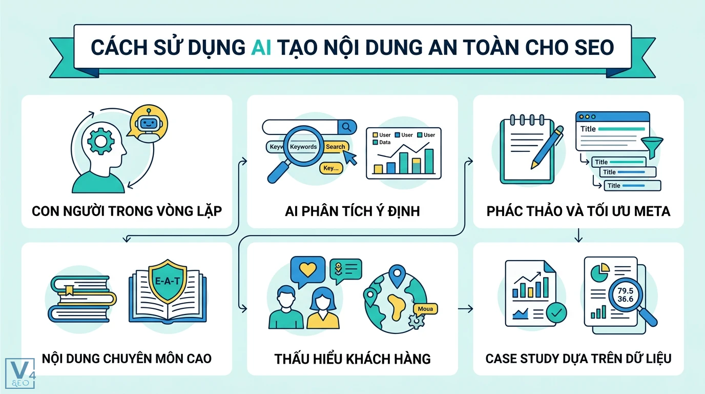 Nội dung tạo tự động là gì? Cách dùng AI an toàn theo Google 2 Cách dùng AI tạo nội dung SEO an toàn gồm con người trong vòng lặp, phân tích ý định, tối ưu meta, nội dung chuyên môn và case study dữ liệu