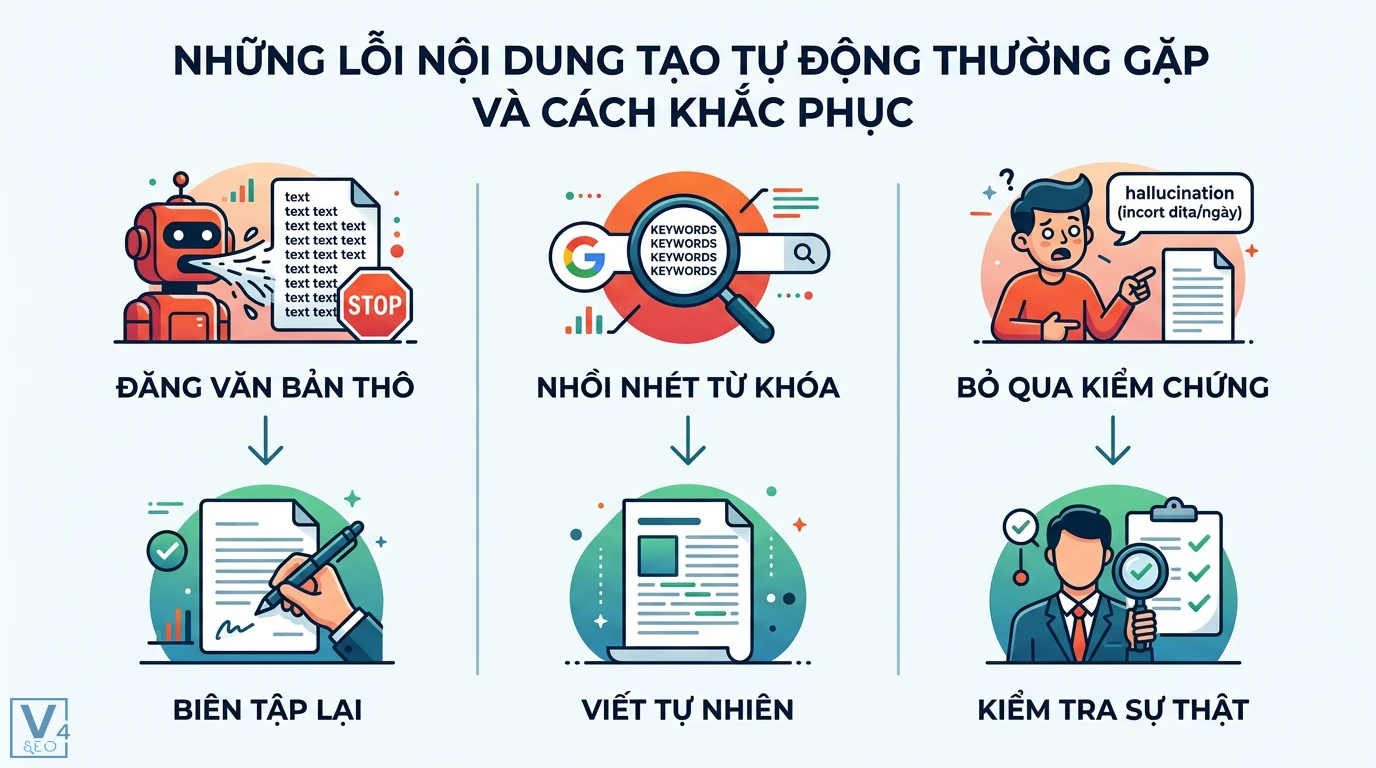 Nội dung tạo tự động là gì? Cách dùng AI an toàn theo Google 3 Cách khắc phục lỗi nội dung tạo tự động, tránh ảo giác AI bằng việc biên tập văn bản thô, viết từ khóa tự nhiên và kiểm tra sự thật