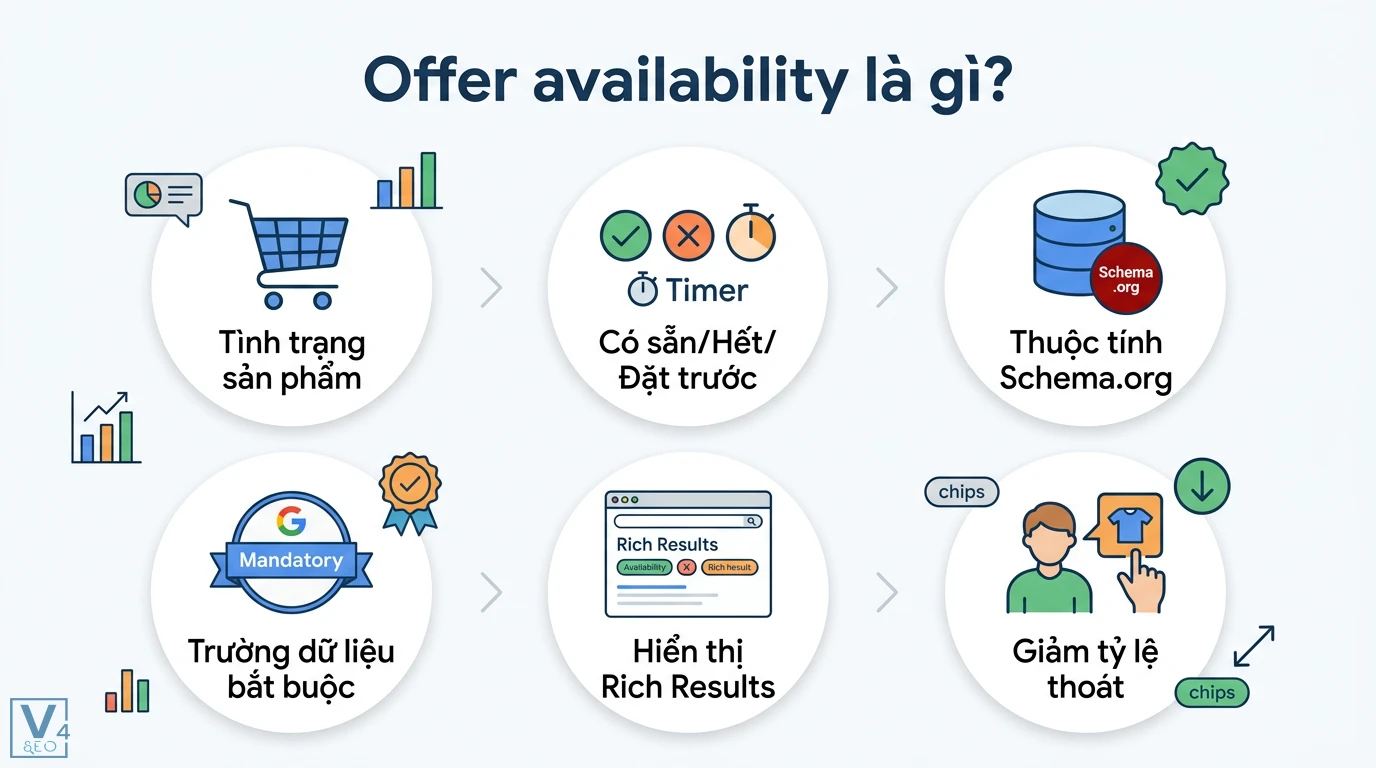 Offer availability là gì? Cách tối ưu Schema và quản lý kho hàng 1 Offer availability là thuộc tính Schema.org bắt buộc để hiển thị tình trạng sản phẩm trên Rich Results giúp giảm tỷ lệ thoát cho website