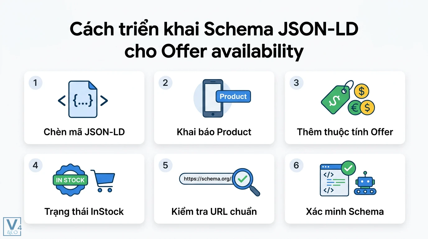 Offer availability là gì? Cách tối ưu Schema và quản lý kho hàng 2 Cách triển khai Schema JSON-LD cho Offer availability gồm chèn mã, khai báo Product, thêm Offer, trạng thái InStock và xác minh Schema