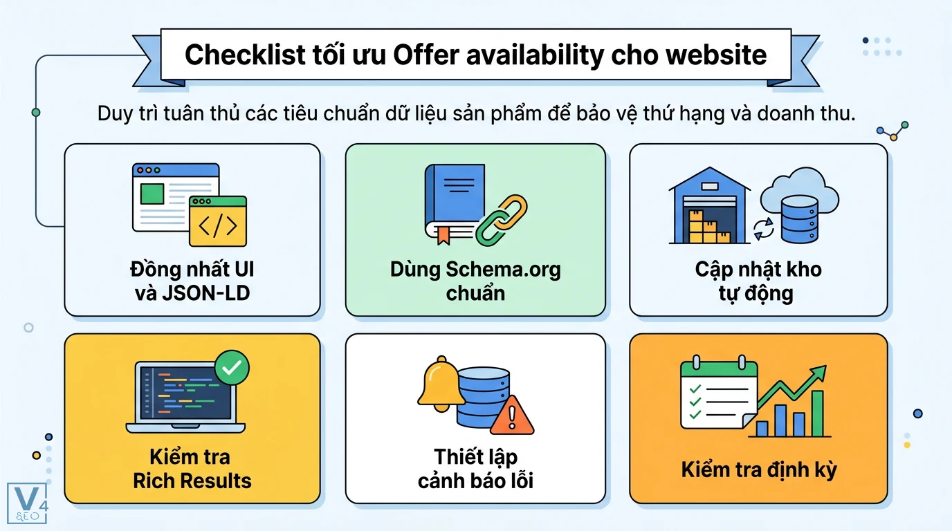 Offer availability là gì? Cách tối ưu Schema và quản lý kho hàng 3 Checklist tối ưu Offer availability gồm đồng nhất UI và JSON-LD, dùng Schema chuẩn, cập nhật kho tự động, kiểm tra Rich Results và báo lỗi