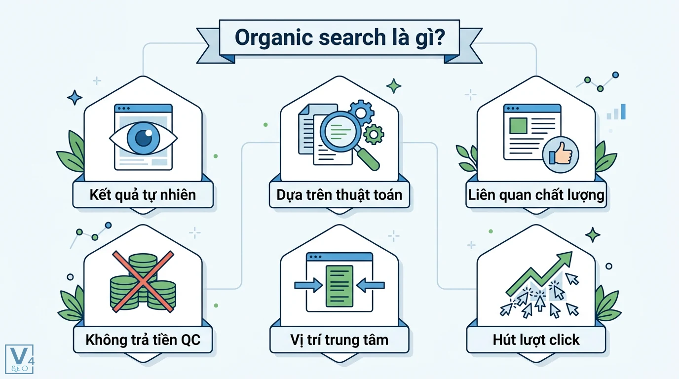 Organic search là gì? Cách tối ưu traffic tự nhiên trong kỷ nguyên AI 1 Organic search là kết quả tự nhiên dựa trên thuật toán và chất lượng, không trả tiền quảng cáo, nằm ở vị trí trung tâm thu hút lượt click
