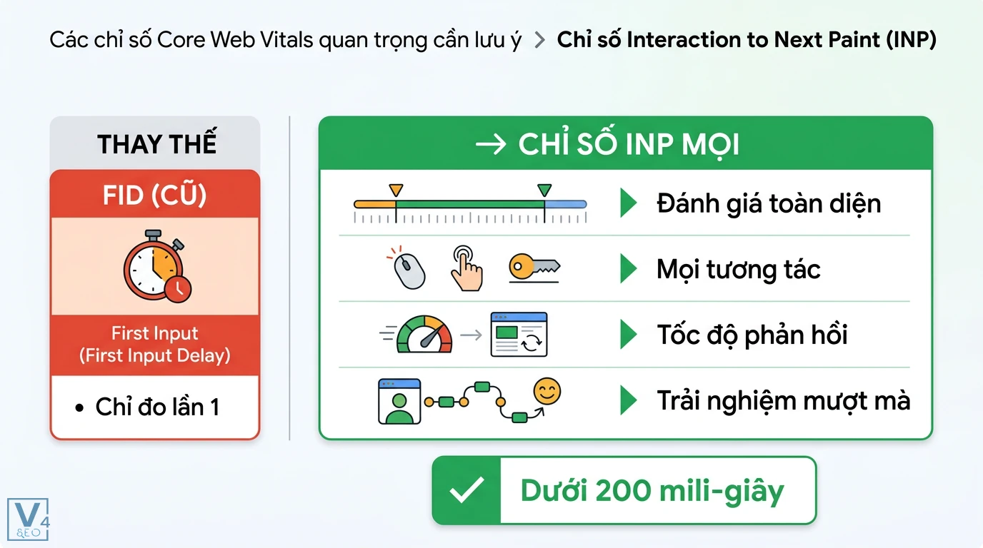 PageSpeed Insights là gì? Cách tối ưu Core Web Vitals và INP hiệu quả 2 Chỉ số INP thay thế FID đo lường toàn diện mọi tương tác người dùng trong Core Web Vitals với yêu cầu tốc độ phản hồi dưới 200 mili-giây