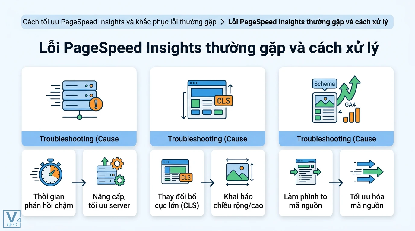 PageSpeed Insights là gì? Cách tối ưu Core Web Vitals và INP hiệu quả 3 Cách xử lý lỗi PageSpeed Insights bằng việc tối ưu server, khai báo kích thước phần tử giảm CLS và tinh gọn mã nguồn GA4 Schema