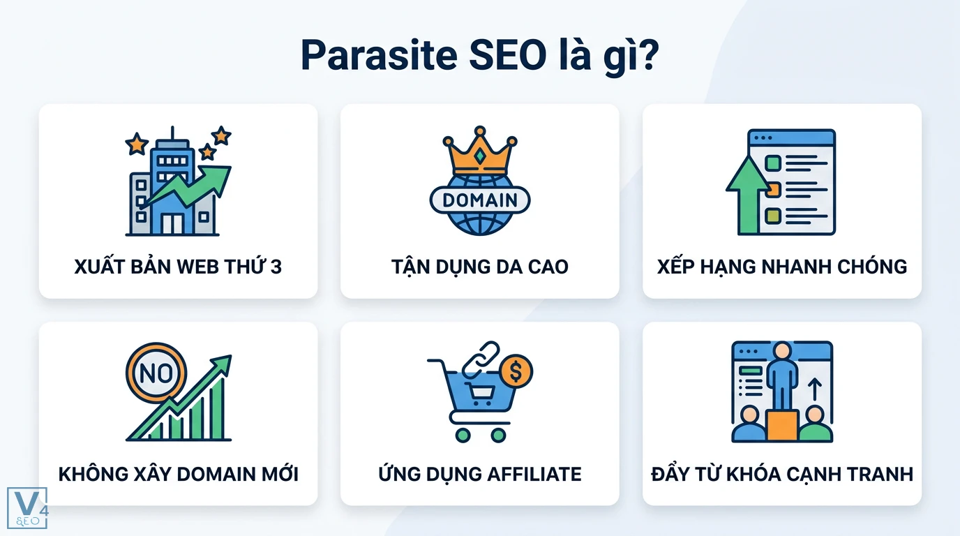 Parasite SEO là gì? Cách tận dụng DA cao để lên Top an toàn 1 Parasite SEO tận dụng website DA cao để xếp hạng nhanh, đẩy từ khóa cạnh tranh mà không cần xây domain mới và ứng dụng Affiliate Marketing