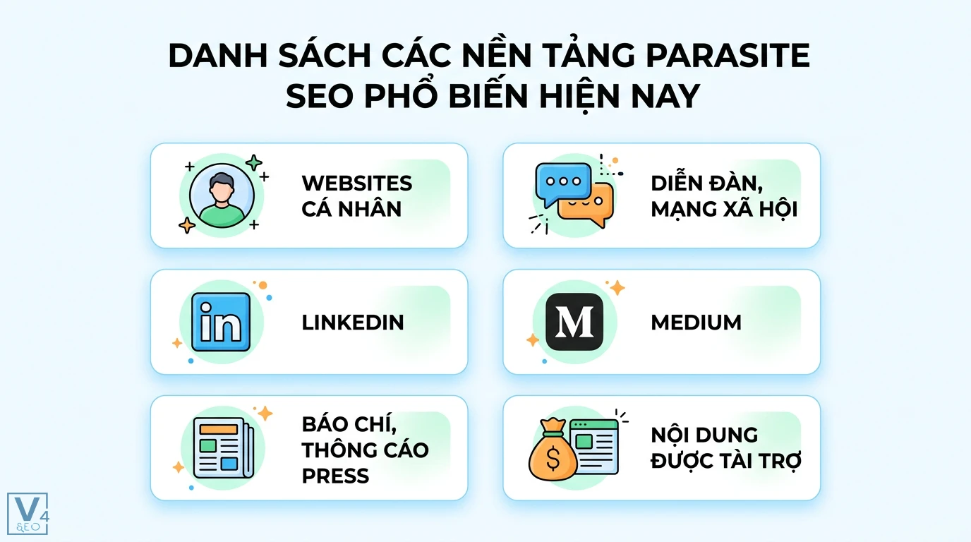 Parasite SEO là gì? Cách tận dụng DA cao để lên Top an toàn 2 Các nền tảng parasite SEO gồm website cá nhân, diễn đàn, mạng xã hội, LinkedIn, Medium, báo chí và nội dung tài trợ giúp tối ưu hóa entity
