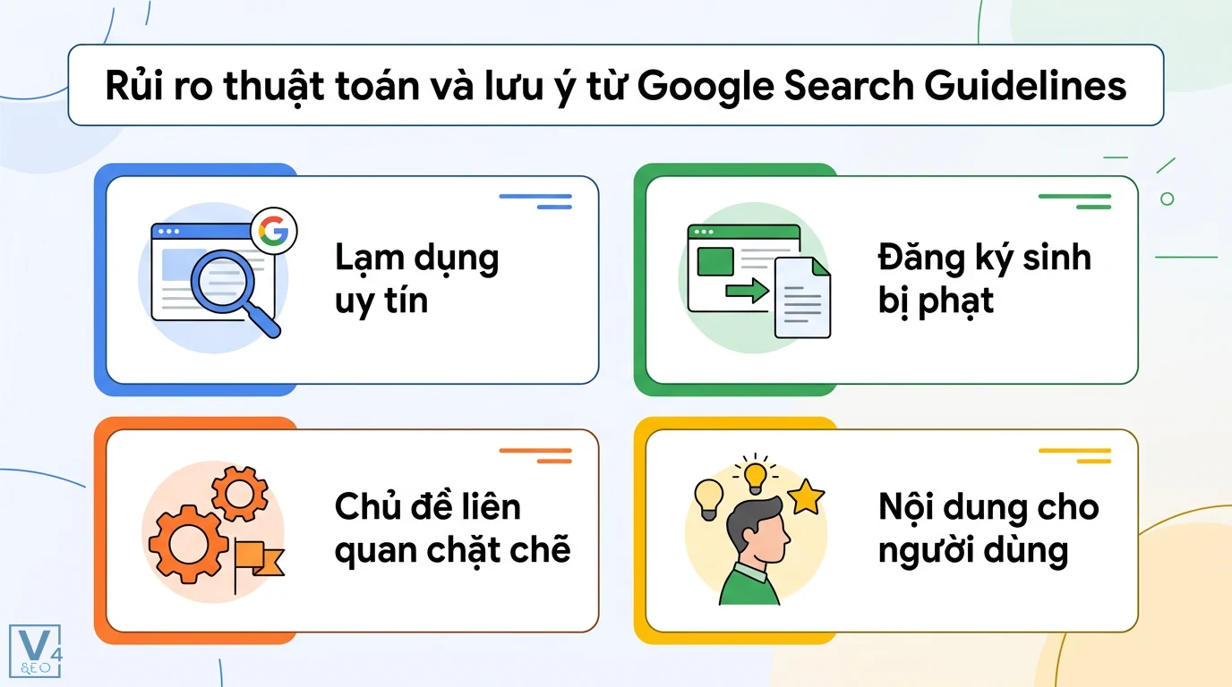 Parasite SEO là gì? Cách tận dụng DA cao để lên Top an toàn 3 Rủi ro thuật toán Google Search Guidelines về lạm dụng uy tín, parasite SEO bị phạt và lưu ý phát triển nội dung hữu ích liên quan chặt chẽ