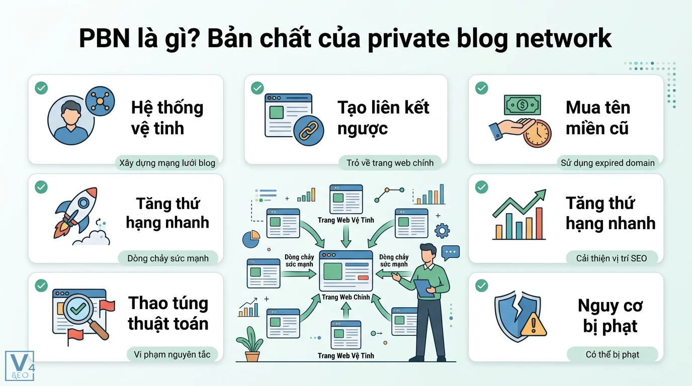 PBN là gì? Hướng dẫn xây dựng backlink bền vững, tránh Footprint 1 PBN là hệ thống mạng lưới blog vệ tinh sử dụng tên miền cũ trỏ liên kết và truyền dòng chảy sức mạnh về trang web chính nhằm tăng thứ hạng SEO