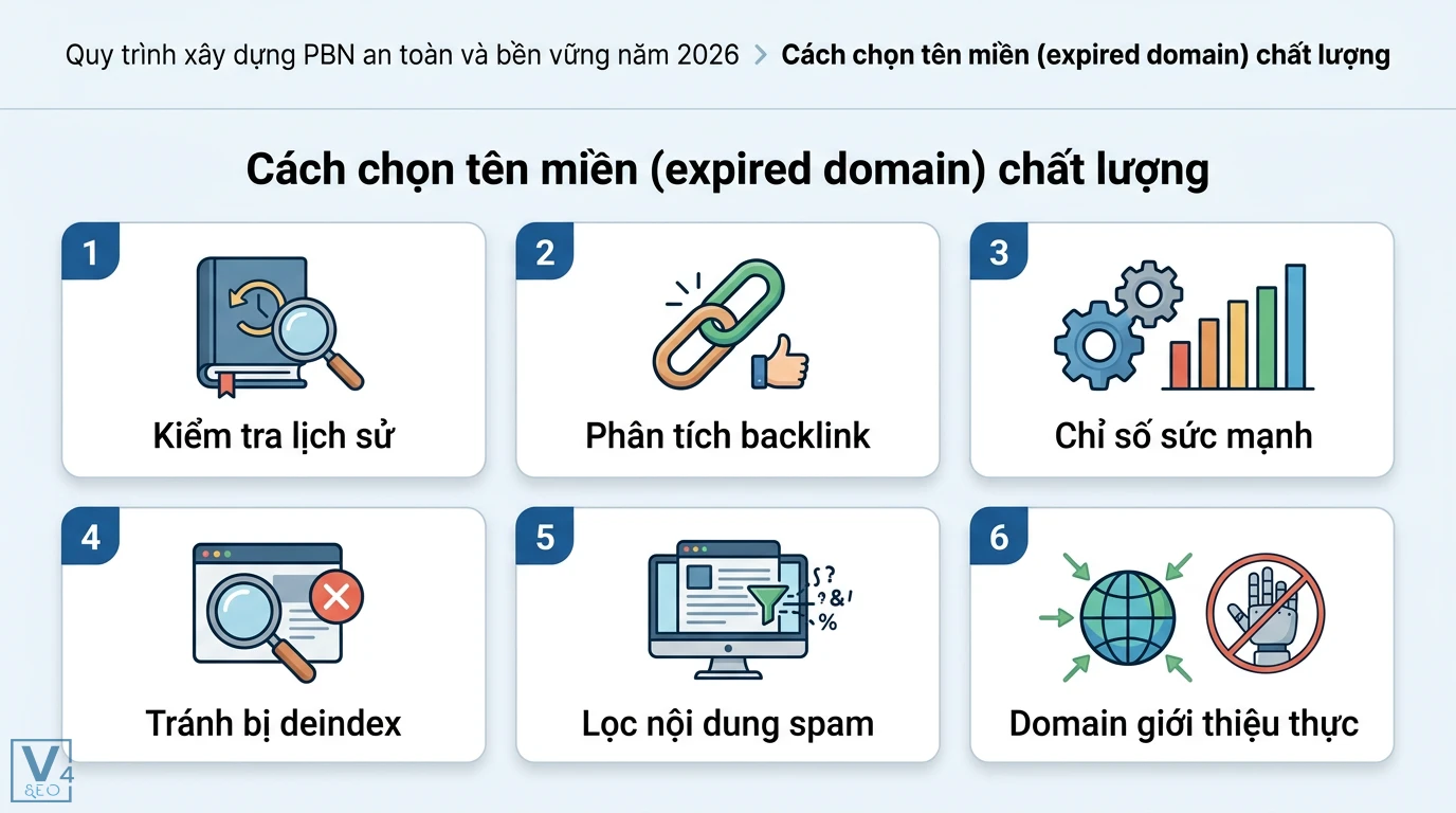 PBN là gì? Hướng dẫn xây dựng backlink bền vững, tránh Footprint 2 Cách chọn tên miền expired domain chất lượng cho PBN qua kiểm tra lịch sử, phân tích backlink, chỉ số sức mạnh và tránh tình trạng bị deindex