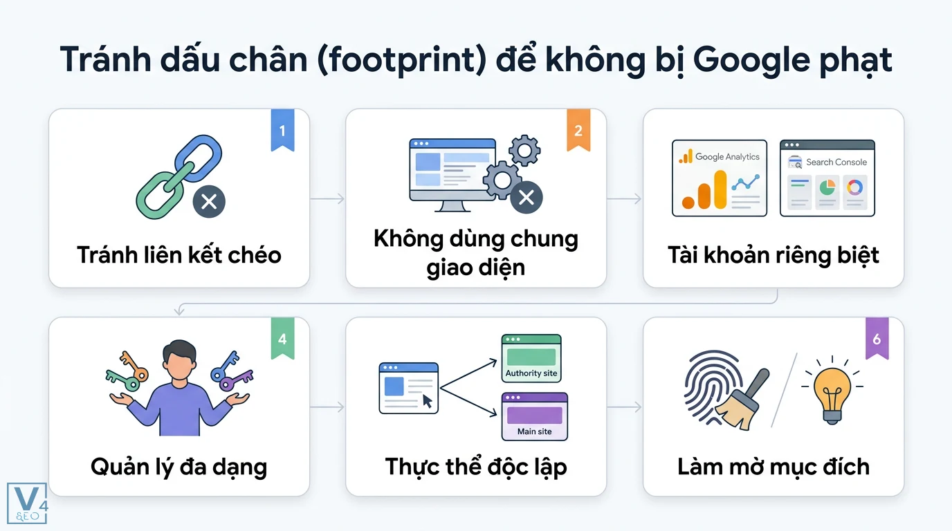 PBN là gì? Hướng dẫn xây dựng backlink bền vững, tránh Footprint 3 Tránh dấu chân footprint để không bị Google phạt bằng cách tách biệt tài khoản Analytics, không liên kết chéo và xây dựng thực thể độc lập