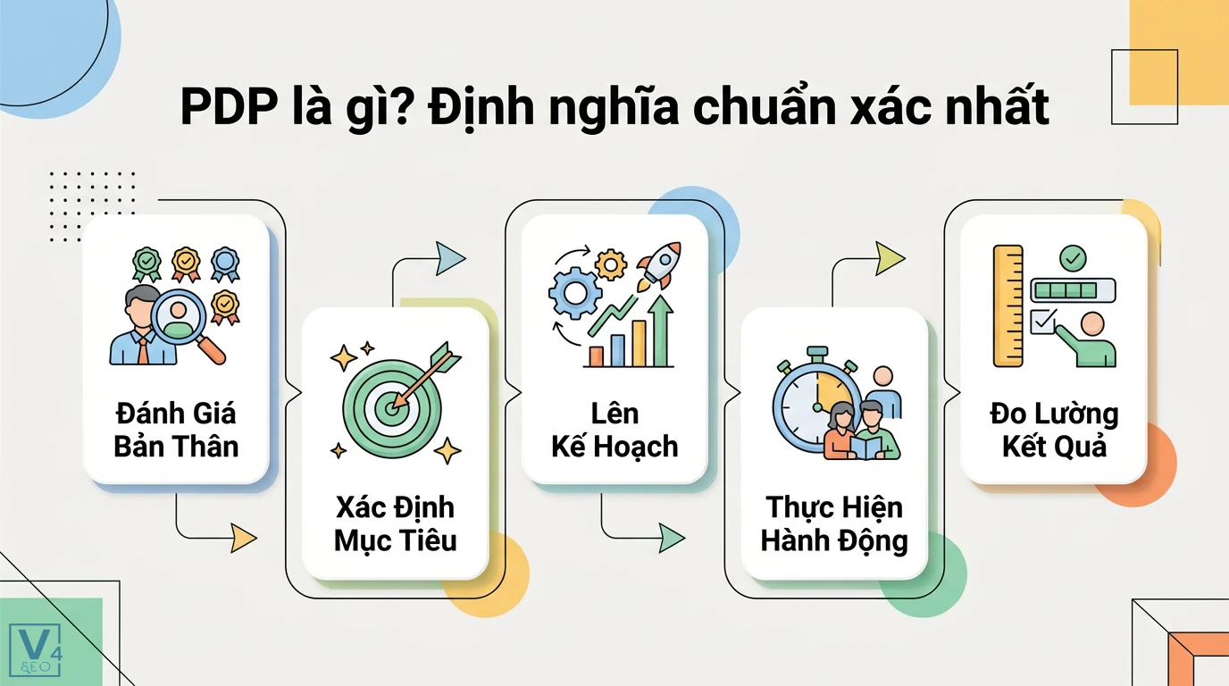 PDP là gì? Cách lập kế hoạch phát triển bản thân kèm mẫu thực tế 1 Kế hoạch phát triển cá nhân PDP gồm quy trình đánh giá bản thân, xác định mục tiêu, lên kế hoạch, thực hiện hành động và đo lường kết quả