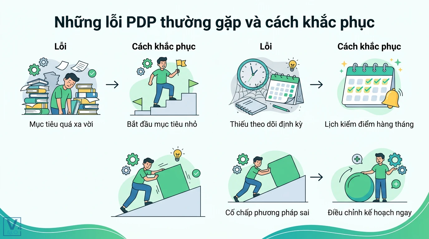 PDP là gì? Cách lập kế hoạch phát triển bản thân kèm mẫu thực tế 3 Cách khắc phục lỗi PDP bằng việc chia nhỏ mục tiêu, theo dõi định kỳ hàng tháng và linh hoạt điều chỉnh kế hoạch để đạt hiệu quả tốt nhất