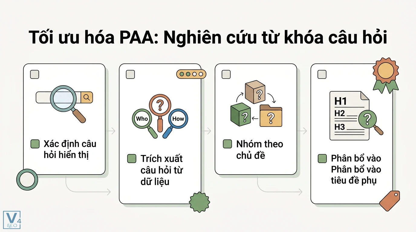 People Also Ask là gì? Cách tối ưu PAA chiếm lĩnh SERP 2026 2 Nghiên cứu từ khóa câu hỏi tối ưu PAA bằng cách xác định câu hỏi hiển thị, trích xuất dữ liệu Who How, nhóm chủ đề và phân bổ vào thẻ H2 H3